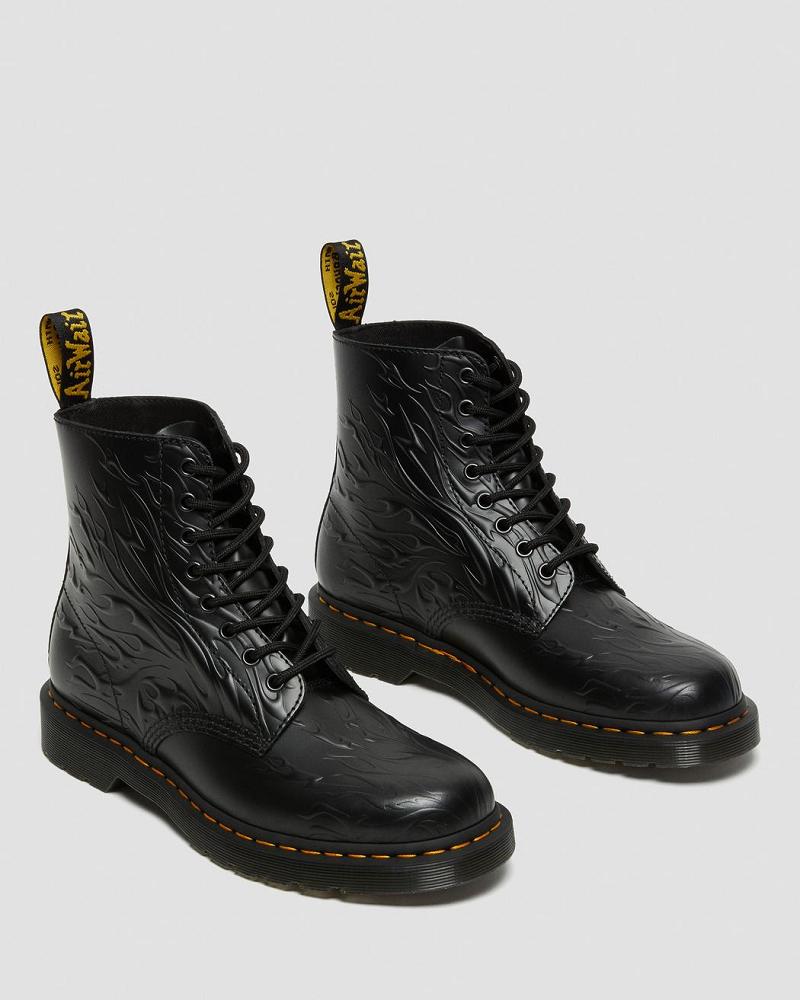 Black Men's Dr Martens 1460 Flames Emboss Leather Lace Up Boots | CA 509BEX